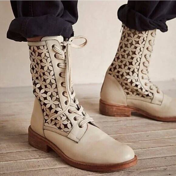 Free People Flower Power Cut Out Lace Up Leather Combat Boot Ivory Size 37 - Picture 1 of 11